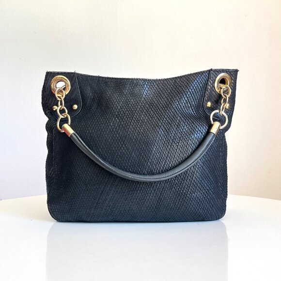 Cynthia Rowley Black Snake Reptile Textured Leather Chain Link Hobo Shoulder Bag - Picture 5 of 9